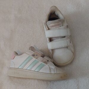 Adidas Kids White Sneakers with Green Stripes